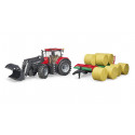 Tractor de juguete Case IH Optum 300CVX con pala frontal y remolque de pacas Bruder a escala 1:16.