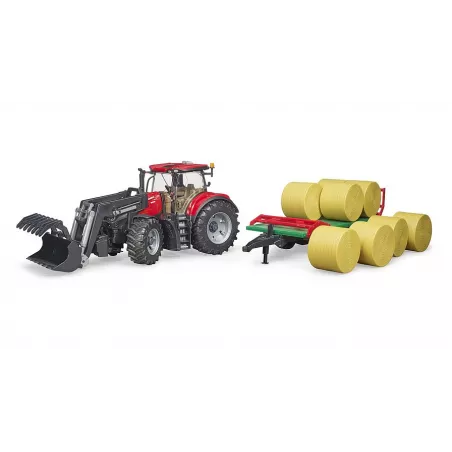 Tractor de juguete Case IH Optum 300CVX con pala frontal y remolque de pacas Bruder a escala 1:16.