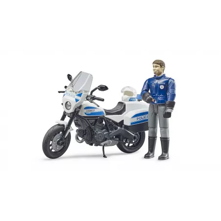 Moto de juguete Scrambler Ducati de policía a escala 1:16 con figura de policía articulada Bruder.
