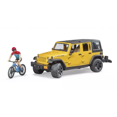 Jeep Wrangler Rubicon Unlimited de juguete Bruder con figura bworld y bicicleta de montaña a escala 1:16.
