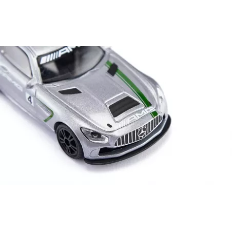 Miniatura de juguete Mercedes-AMG GT4 fabricada en metal y plástico resistente.
