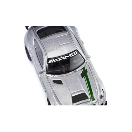 Miniatura de juguete Mercedes-AMG GT4 fabricada en metal y plástico resistente.