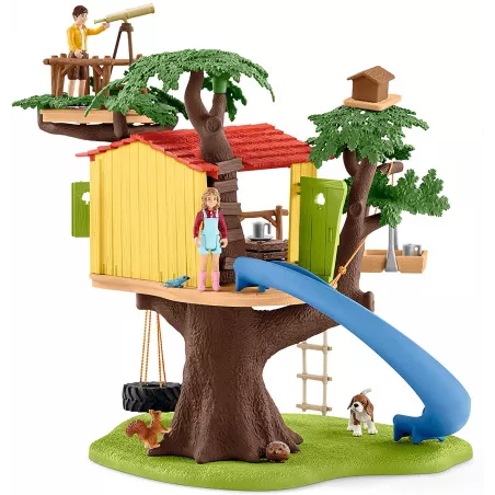 Casa árbol de aventuras de Schleich con figuras de Ben, Sarah y animales de juguete para niños.