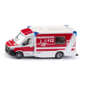 Miniatura de ambulancia Mercedes-Benz Sprinter Miesen Tipo C a escala 1:50 con puertas abatibles.