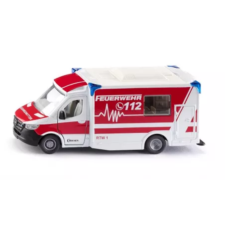 Miniatura de ambulancia Mercedes-Benz Sprinter Miesen Tipo C a escala 1:50 con puertas abatibles.