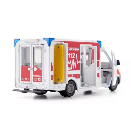 Miniatura de ambulancia Mercedes-Benz Sprinter Miesen Tipo C a escala 1:50 con puertas abatibles.