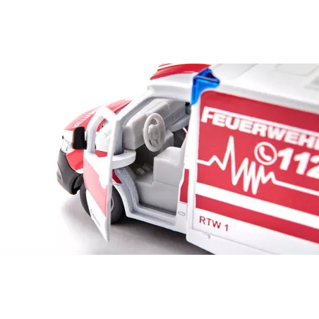 Miniatura de ambulancia Mercedes-Benz Sprinter Miesen Tipo C a escala 1:50 con puertas abatibles.