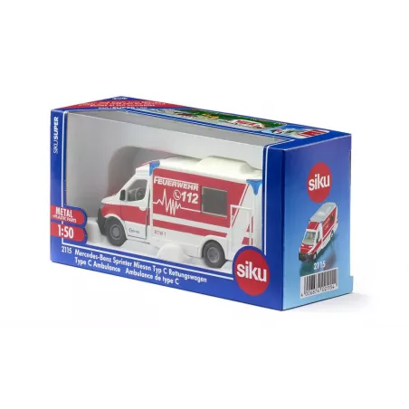 Miniatura de ambulancia Mercedes-Benz Sprinter Miesen Tipo C a escala 1:50 con puertas abatibles.