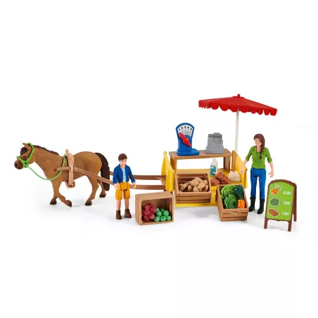 Tenderete móvil de juguete Schleich Farm World con poni Poppy y accesorios de mercado de granja.