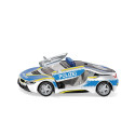 Coche de policía de juguete BMW i8 a escala 1:50 con puertas que se abren y neumáticos cambiables.