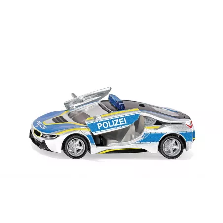 Coche de policía de juguete BMW i8 a escala 1:50 con puertas que se abren y neumáticos cambiables.