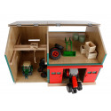 Taller de granja de madera a escala 1:32 con grúa puente funcional y techo abatible para tractores de juguete.