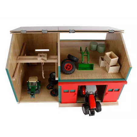 Taller de granja de madera a escala 1:32 con grúa puente funcional y techo abatible para tractores de juguete.