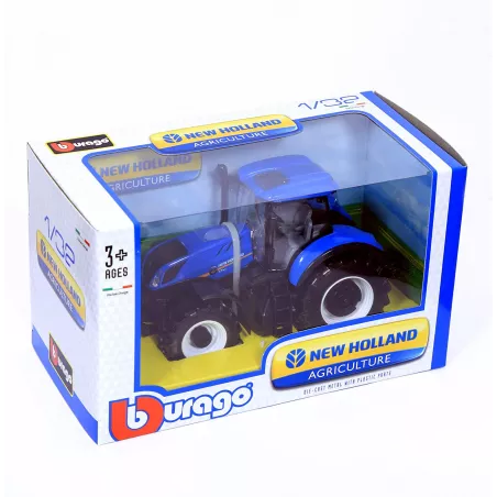 Tractor a escala 1:43 New Holland T 7.315 de Burago, réplica detallada de juguete y colección.