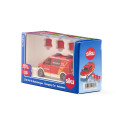 Ambulancia de juguete VW T6 a escala 1:50 con puertas que se abren y detalles de metal.