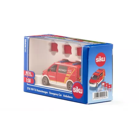 Ambulancia de juguete VW T6 a escala 1:50 con puertas que se abren y detalles de metal.