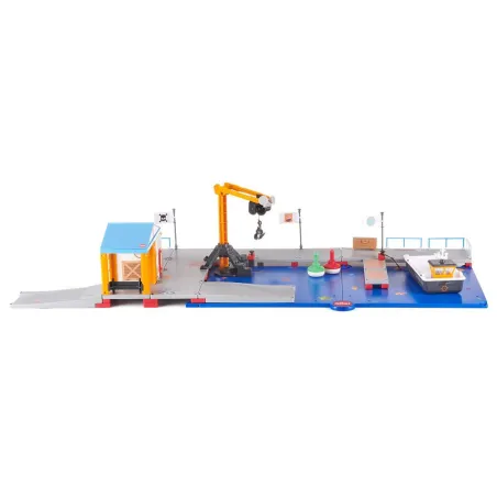 Estación de suministro para barcos de juguete detallada, fabricada en metal y plástico resistente.