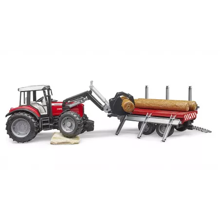Tractor de juguete Massey Ferguson 7480 con pala cargadora frontal y remolque rojo a escala 1:16.