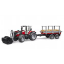 Tractor de juguete Massey Ferguson 7480 con pala cargadora frontal y remolque rojo a escala 1:16.