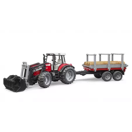 Tractor de juguete Massey Ferguson 7480 con pala cargadora frontal y remolque rojo a escala 1:16.
