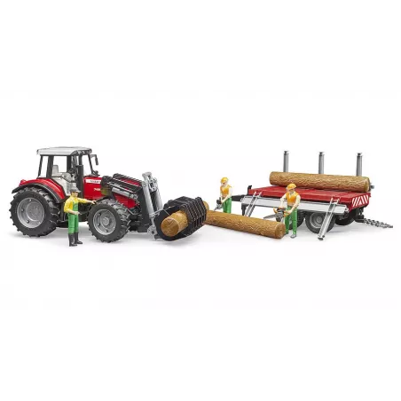 Tractor de juguete Massey Ferguson 7480 con pala cargadora frontal y remolque rojo a escala 1:16.