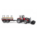 Tractor de juguete Massey Ferguson 7480 con pala cargadora frontal y remolque rojo a escala 1:16.