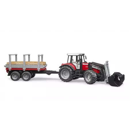 Tractor de juguete Massey Ferguson 7480 con pala cargadora frontal y remolque rojo a escala 1:16.