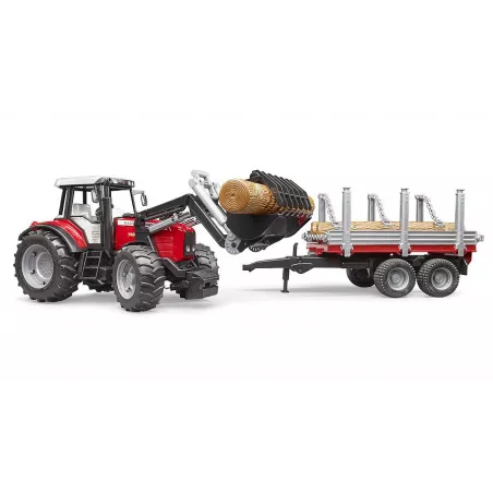 Tractor de juguete Massey Ferguson 7480 con pala cargadora frontal y remolque rojo a escala 1:16.