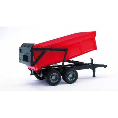 Remolque rojo de juguete Bruder a escala 1:16 con caja basculante y neumáticos perfilados.