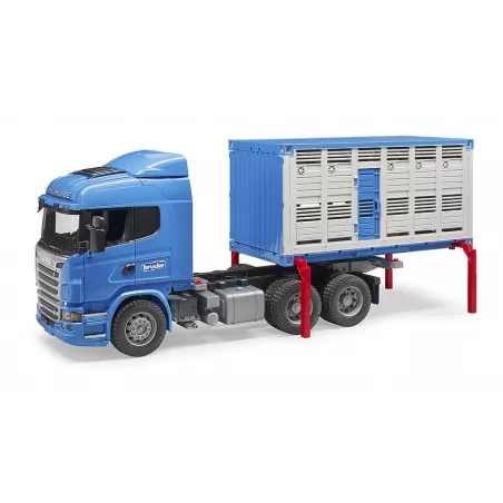 Camión de juguete Scania a escala 1:16 para transporte de ganado con rampa plegable y buey.