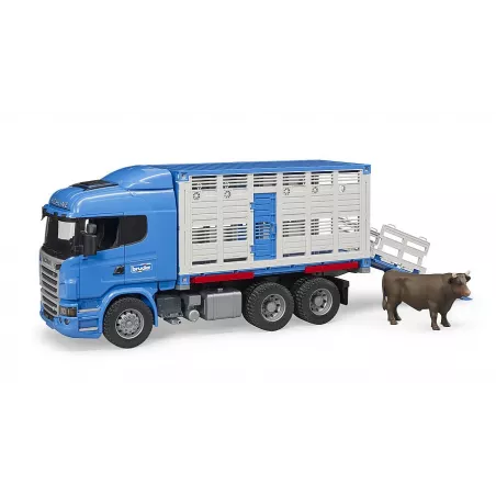 Camión de juguete Scania a escala 1:16 para transporte de ganado con rampa plegable y buey.
