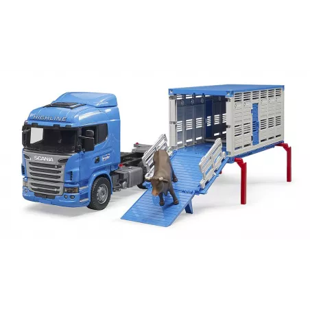 Camión de juguete Scania a escala 1:16 para transporte de ganado con rampa plegable y buey.