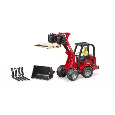 Cargadora articulada de juguete Schäffer Compact 2034 de Bruder a escala 1:16 con figura y pala funcional.