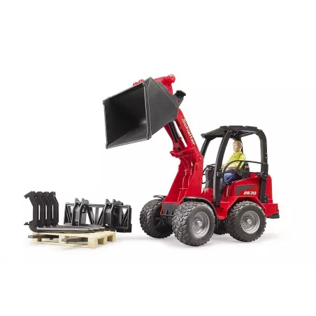 Cargadora articulada de juguete Schäffer Compact 2034 de Bruder a escala 1:16 con figura y pala funcional.