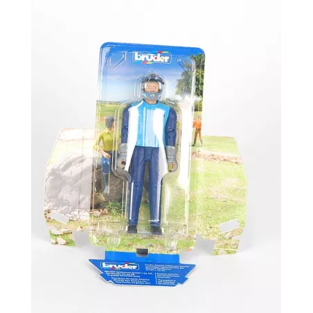 Figura articulada de piloto de carreras Bruder a escala 1:16 para vehículos de juguete.