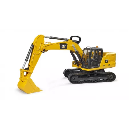 Excavadora de cadenas Cat de juguete Bruder a escala 1:16 con brazo móvil y cabina detallada.