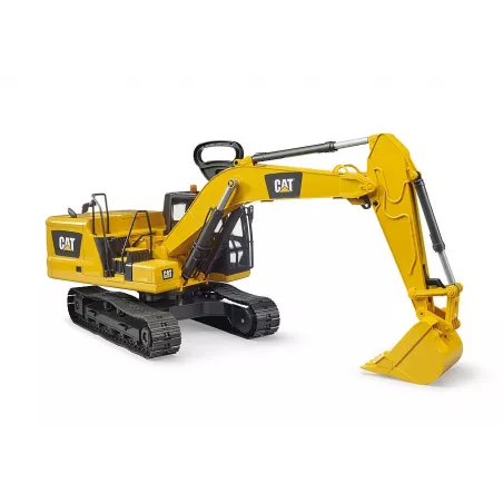 Excavadora de cadenas Cat de juguete Bruder a escala 1:16 con brazo móvil y cabina detallada.