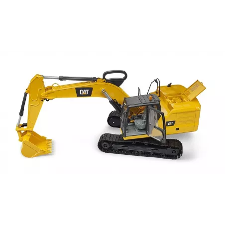 Excavadora de cadenas Cat de juguete Bruder a escala 1:16 con brazo móvil y cabina detallada.