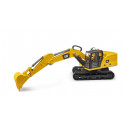 Excavadora de cadenas Cat de juguete Bruder a escala 1:16 con brazo móvil y cabina detallada.