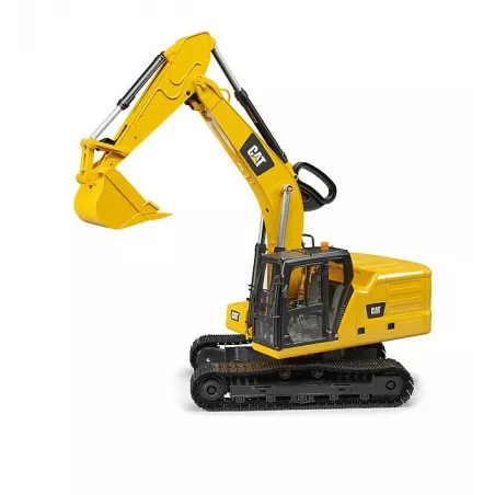 Excavadora de cadenas Cat de juguete Bruder a escala 1:16 con brazo móvil y cabina detallada.