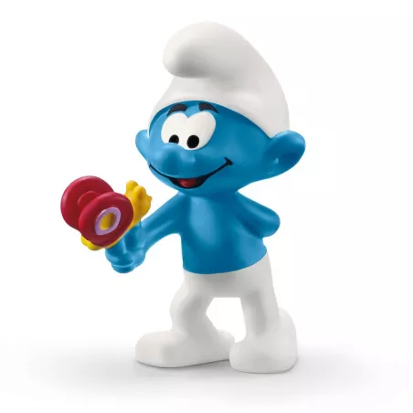 Figura de Pitufo azul con una mariposa en la mano, miniatura coleccionable Schleich pintada a mano.