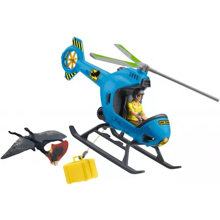 Helicóptero de rescate Schleich con dinosaurio tapejara y cañón de red de juguete.
