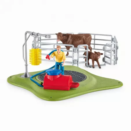 Estación de lavado para vacas de juguete Schleich con bomba de agua real y figura de vaca.