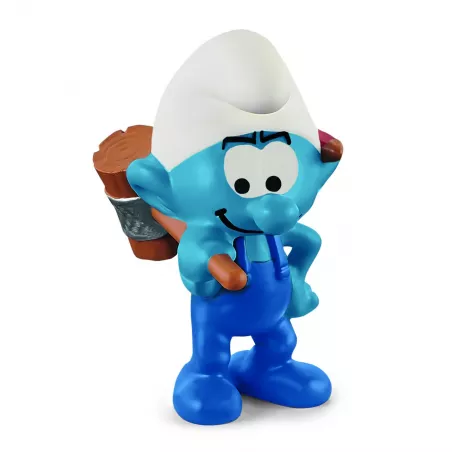 Figura coleccionable del Pitufo Manitas de Schleich con martillo, pintada a mano.