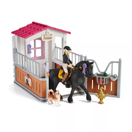 Box para caballos de Tori y Princess de Schleich con yegua frisona y accesorios de juguete.