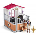 Box para caballos de Tori y Princess de Schleich con yegua frisona y accesorios de juguete.