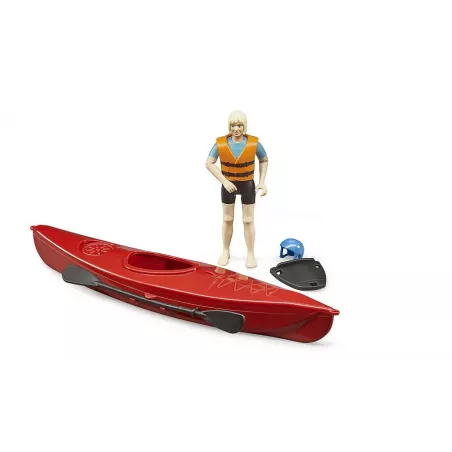 Kayak de juguete bworld con figura de socorrista, pala y tabla de paddle surf Bruder.
