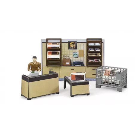 Tienda de paquetería UPS bworld de Bruder a escala 1:16 con figura de empleado, mostrador, báscula y paquetes.