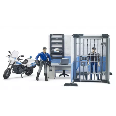 Comisaría de policía de juguete bworld con moto, agente y detenido a escala 1:16 de Bruder.
