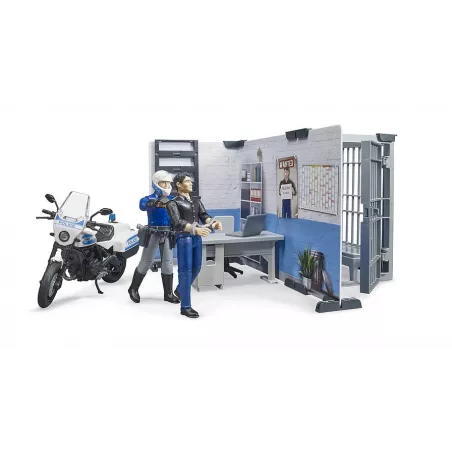Comisaría de policía de juguete bworld con moto, agente y detenido a escala 1:16 de Bruder.